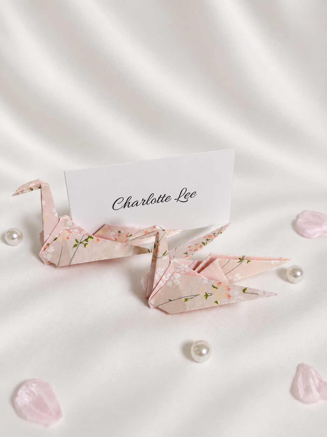 Blush pink washi origami crane place card holders, hand-folded in Japan