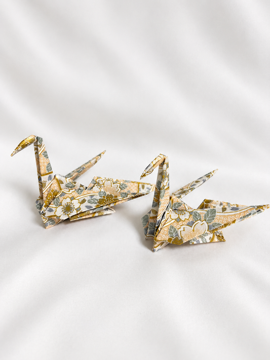 Gold and ivory washi origami crane place card holders, hand-folded in Japan