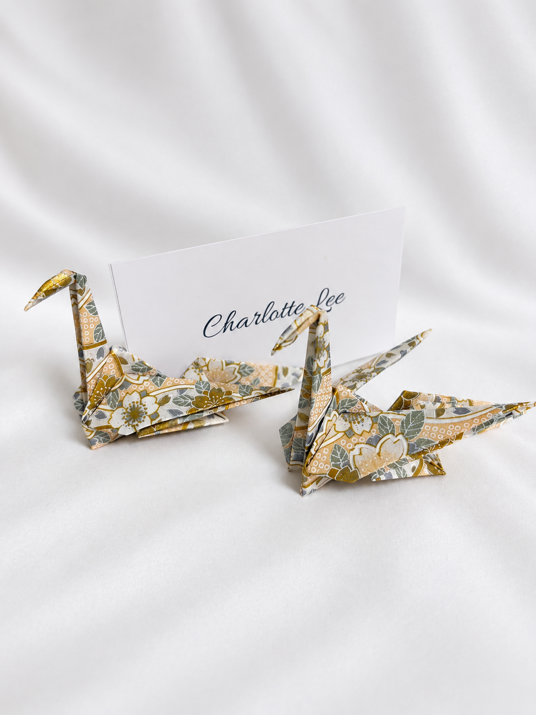 Gold and ivory washi origami crane place card holders, hand-folded in Japan