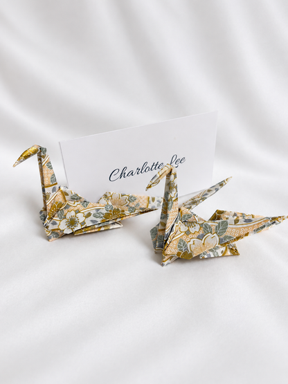 Gold and ivory washi origami crane place card holders, hand-folded in Japan
