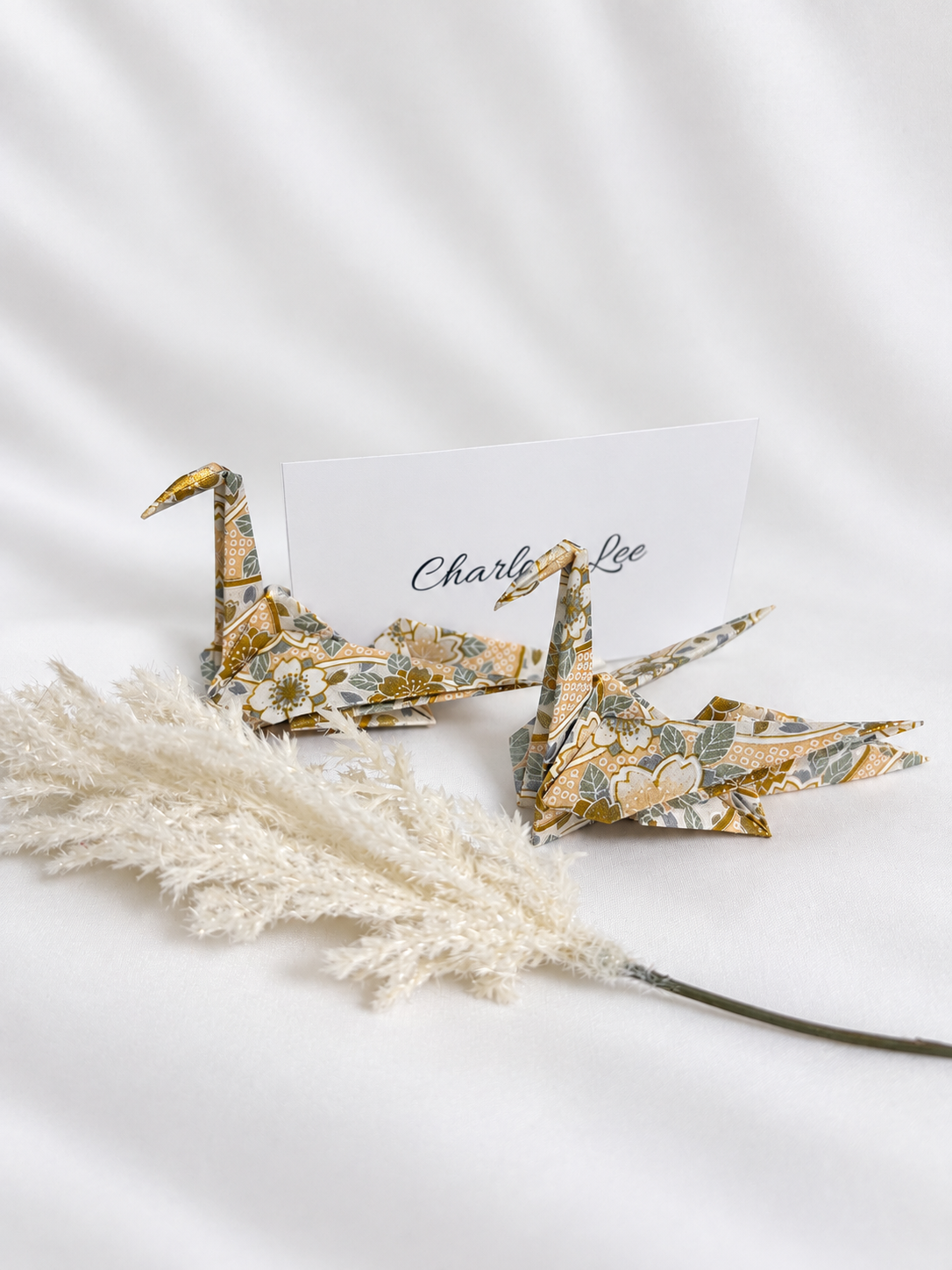 Gold and ivory washi origami crane place card holders, hand-folded in Japan