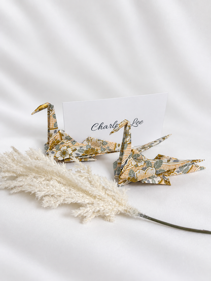 Gold and ivory washi origami crane place card holders, hand-folded in Japan
