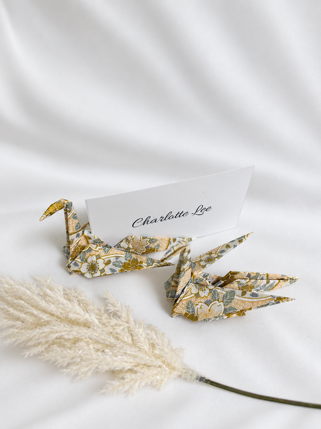 Gold and ivory washi origami crane place card holders, hand-folded in Japan