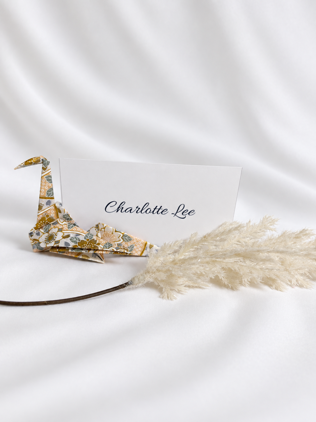 Gold and ivory washi origami crane place card holders, hand-folded in Japan