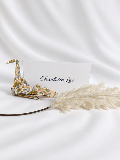 Gold and ivory washi origami crane place card holders, hand-folded in Japan