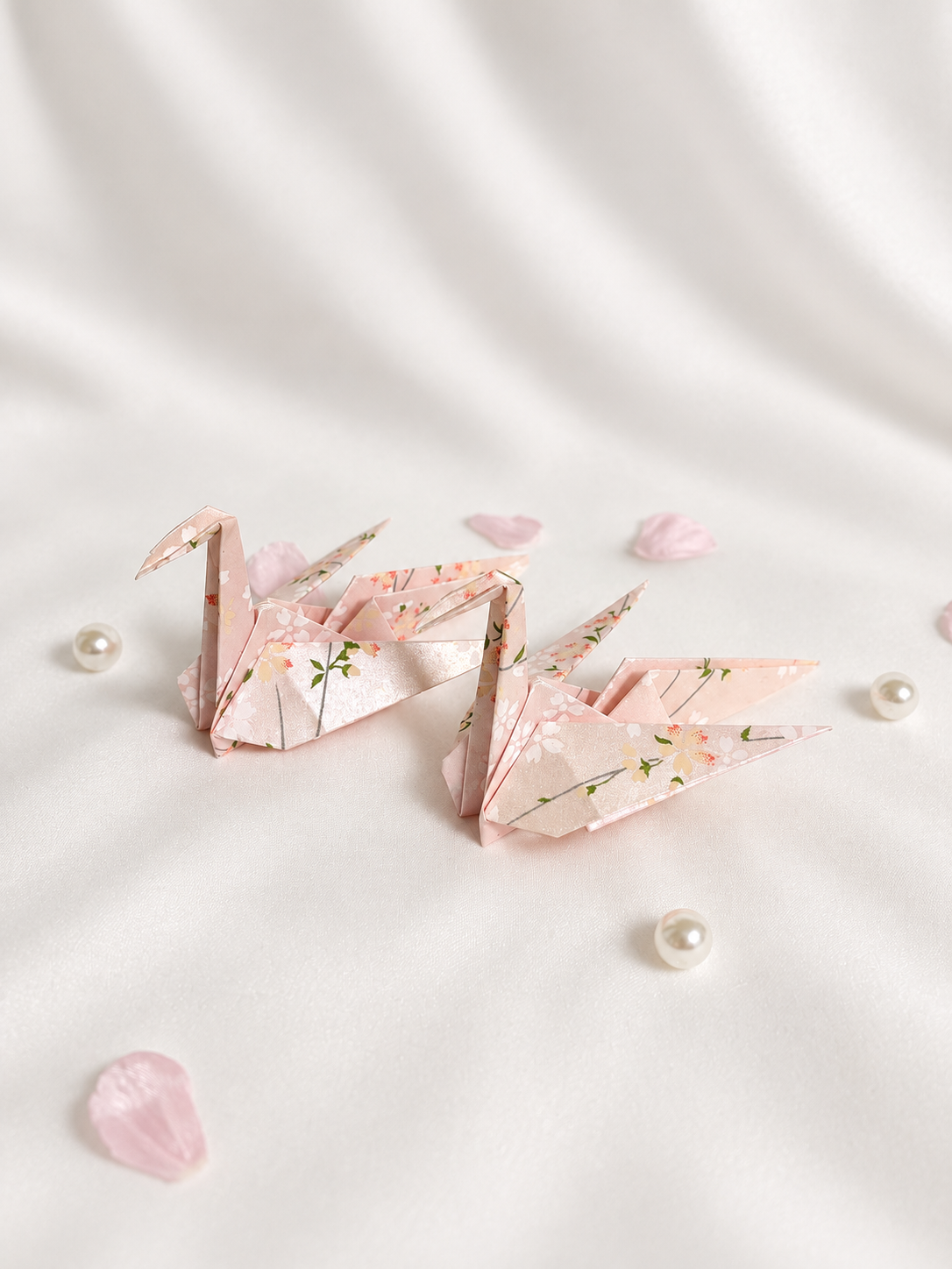 Blush pink washi origami crane place card holders, hand-folded in Japan