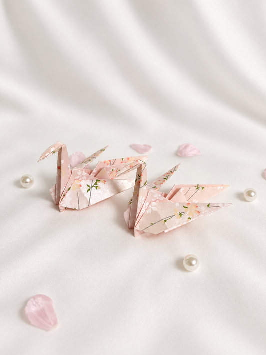 Blush pink washi origami crane place card holders, hand-folded in Japan