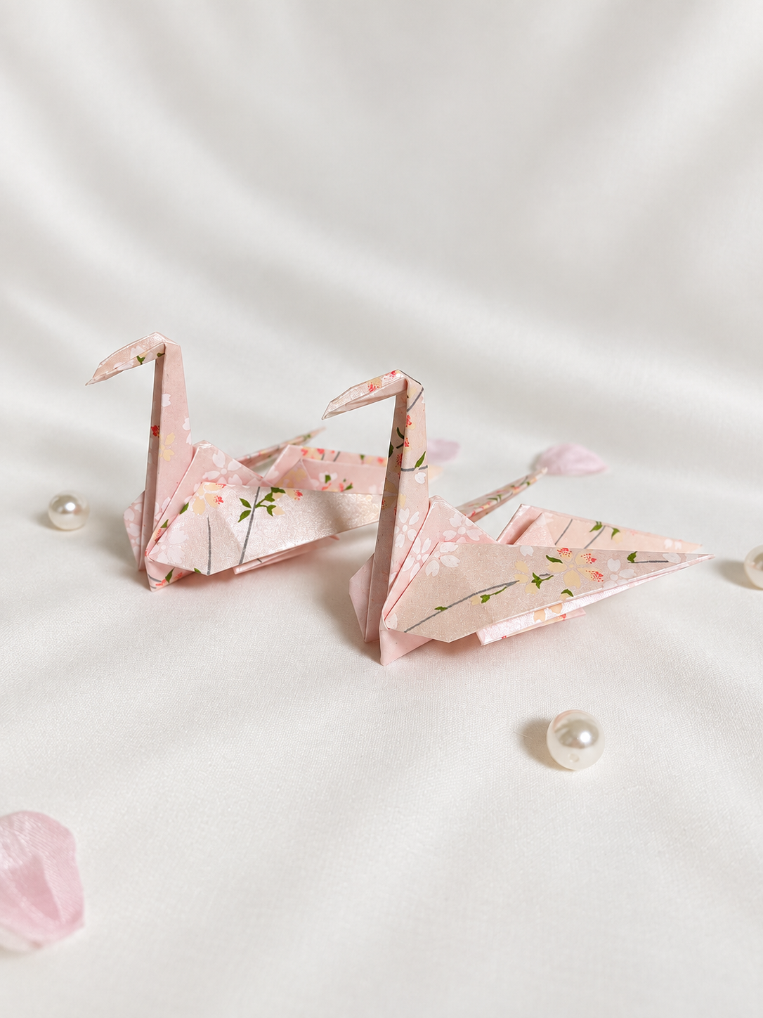 Blush pink washi origami crane place card holders, hand-folded in Japan