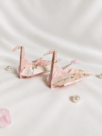 Blush pink washi origami crane place card holders, hand-folded in Japan