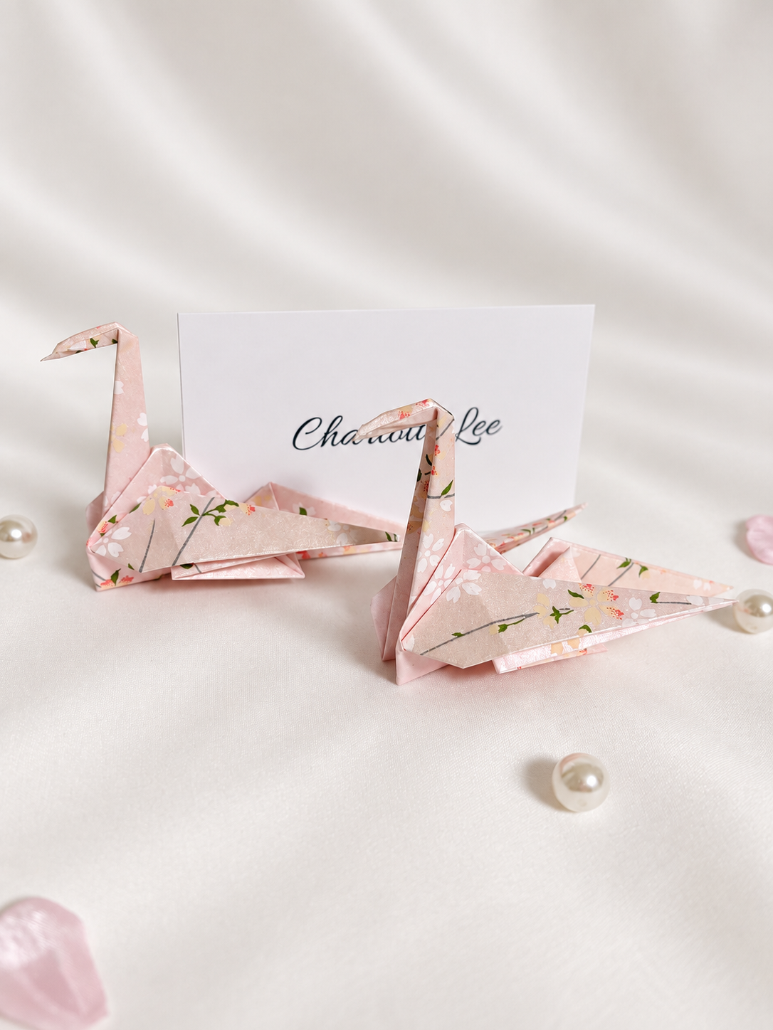 Blush pink washi origami crane place card holders, hand-folded in Japan