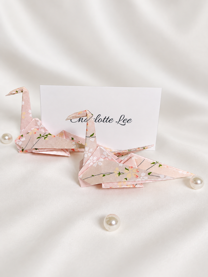 Blush pink washi origami crane place card holders, hand-folded in Japan
