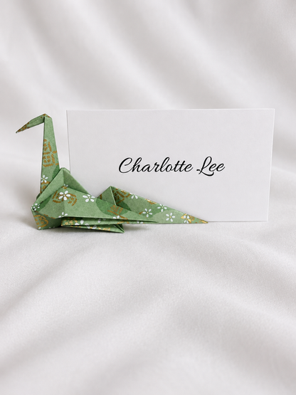 Sage green washi origami crane place card holders, hand-folded in Japan