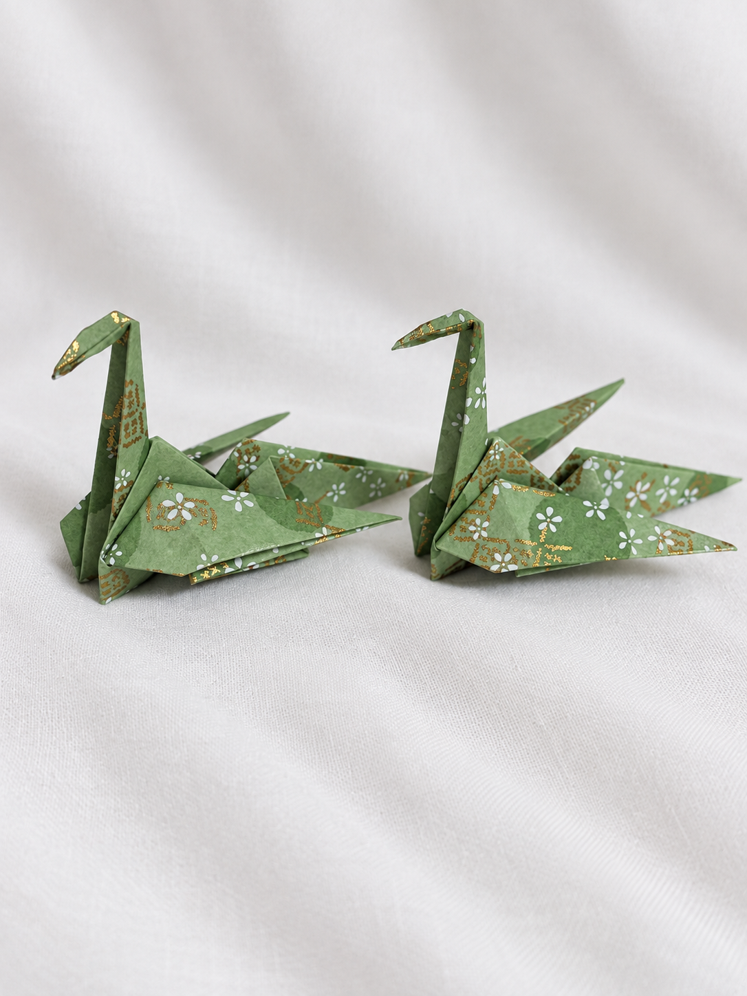Sage green washi origami crane place card holders, hand-folded in Japan