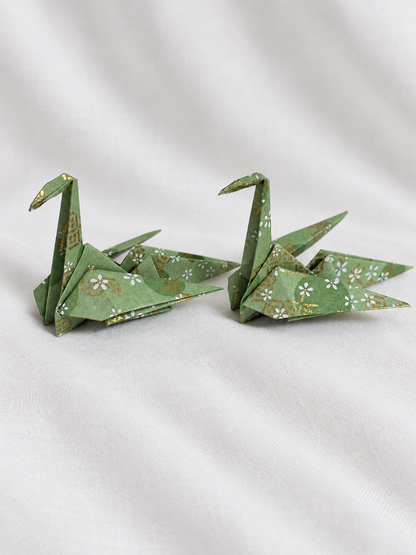 Sage green washi origami crane place card holders, hand-folded in Japan