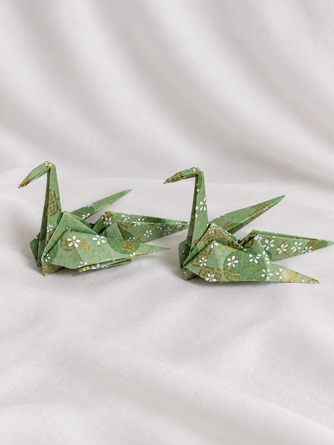 Sage green washi origami crane place card holders, hand-folded in Japan