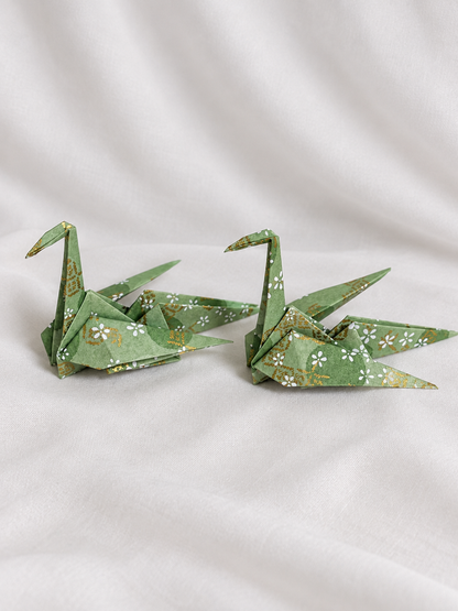 Sage green washi origami crane place card holders, hand-folded in Japan