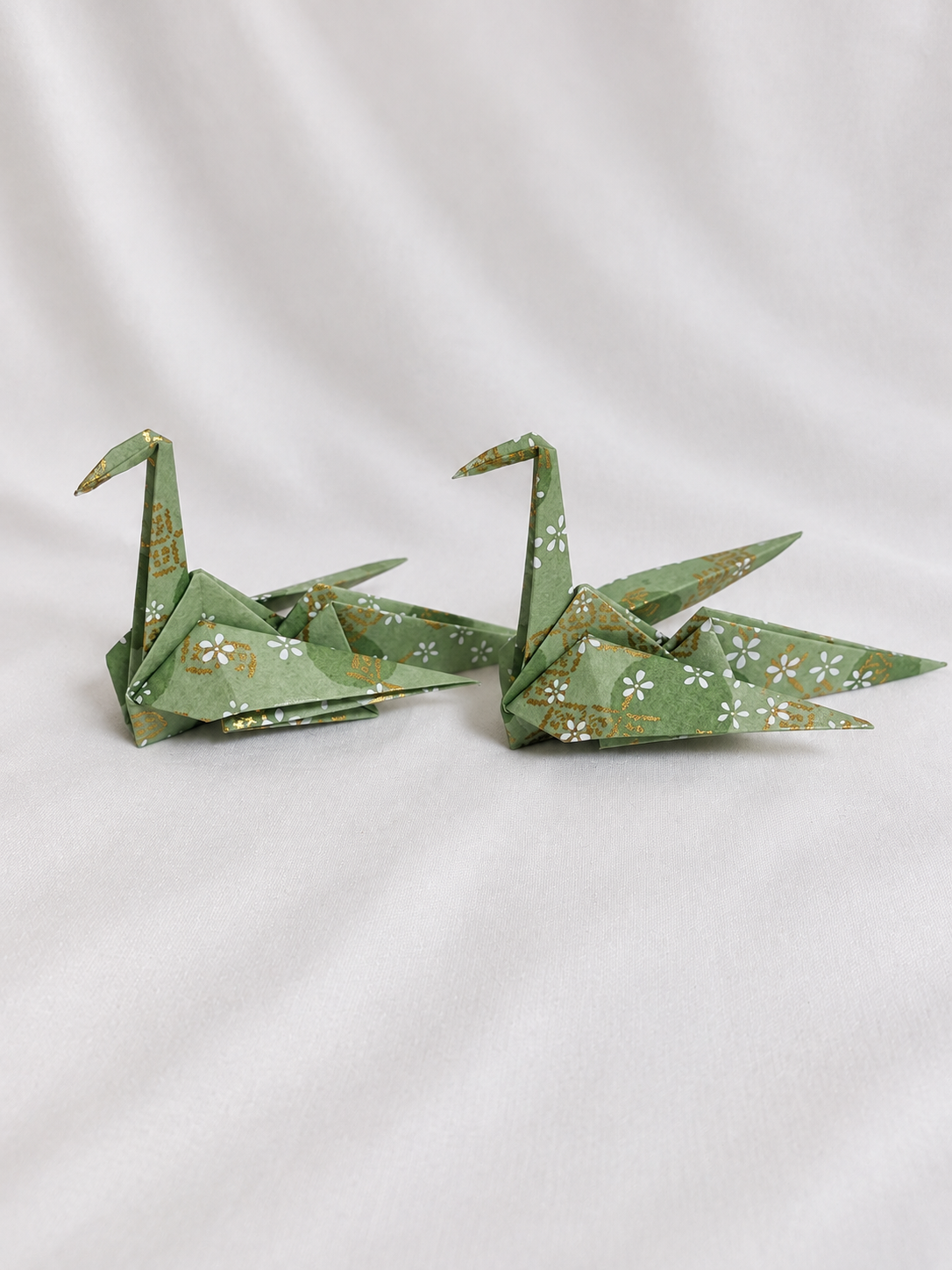 Sage green washi origami crane place card holders, hand-folded in Japan