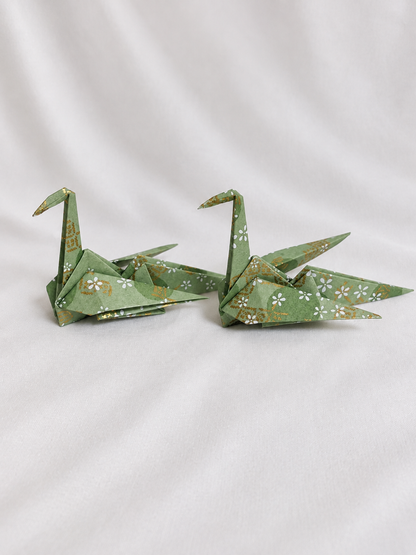 Sage green washi origami crane place card holders, hand-folded in Japan