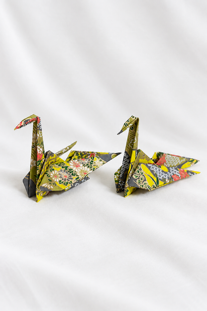 Olive green washi origami crane place card holders, hand-folded in Japan