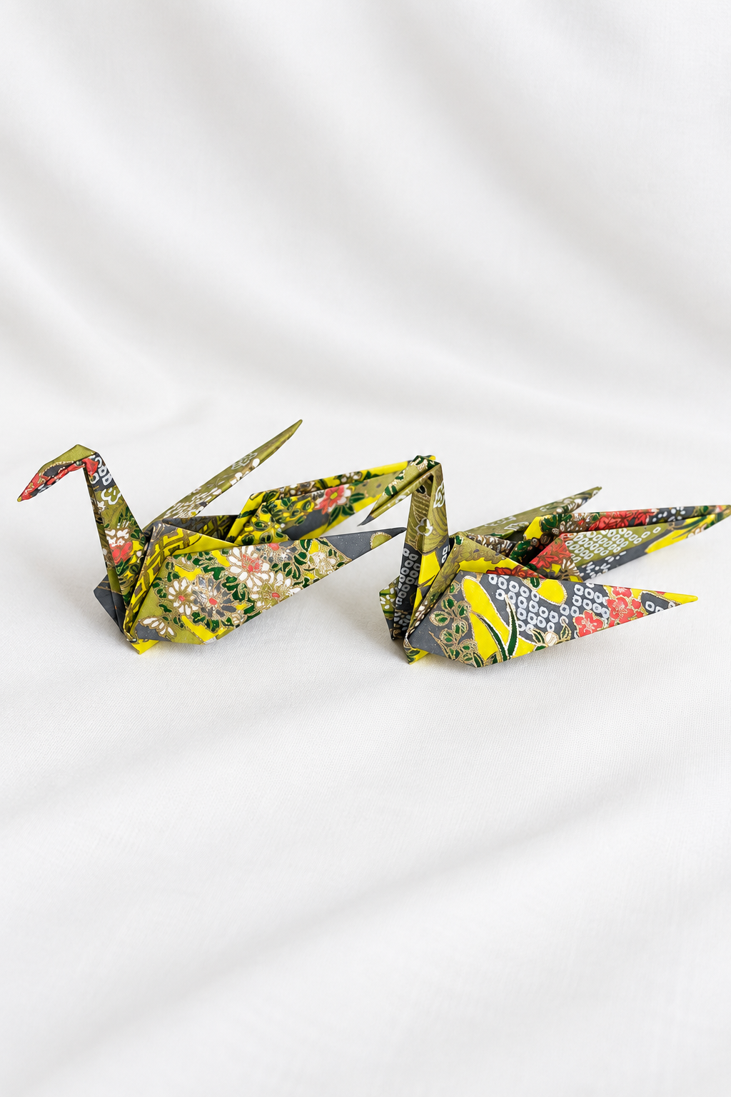Olive green washi origami crane place card holders, hand-folded in Japan