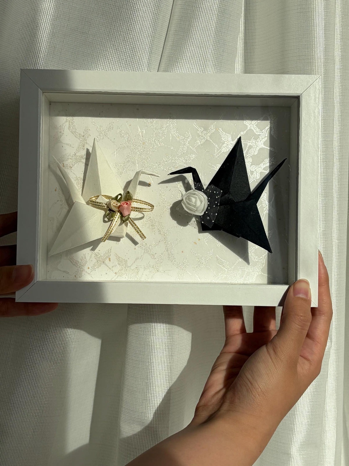Hand-folded washi origami crane wedding frame, made in Japan
