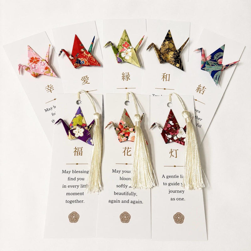 Origami crane kanji bookmark wedding favor, hand-folded washi crane on a printed card