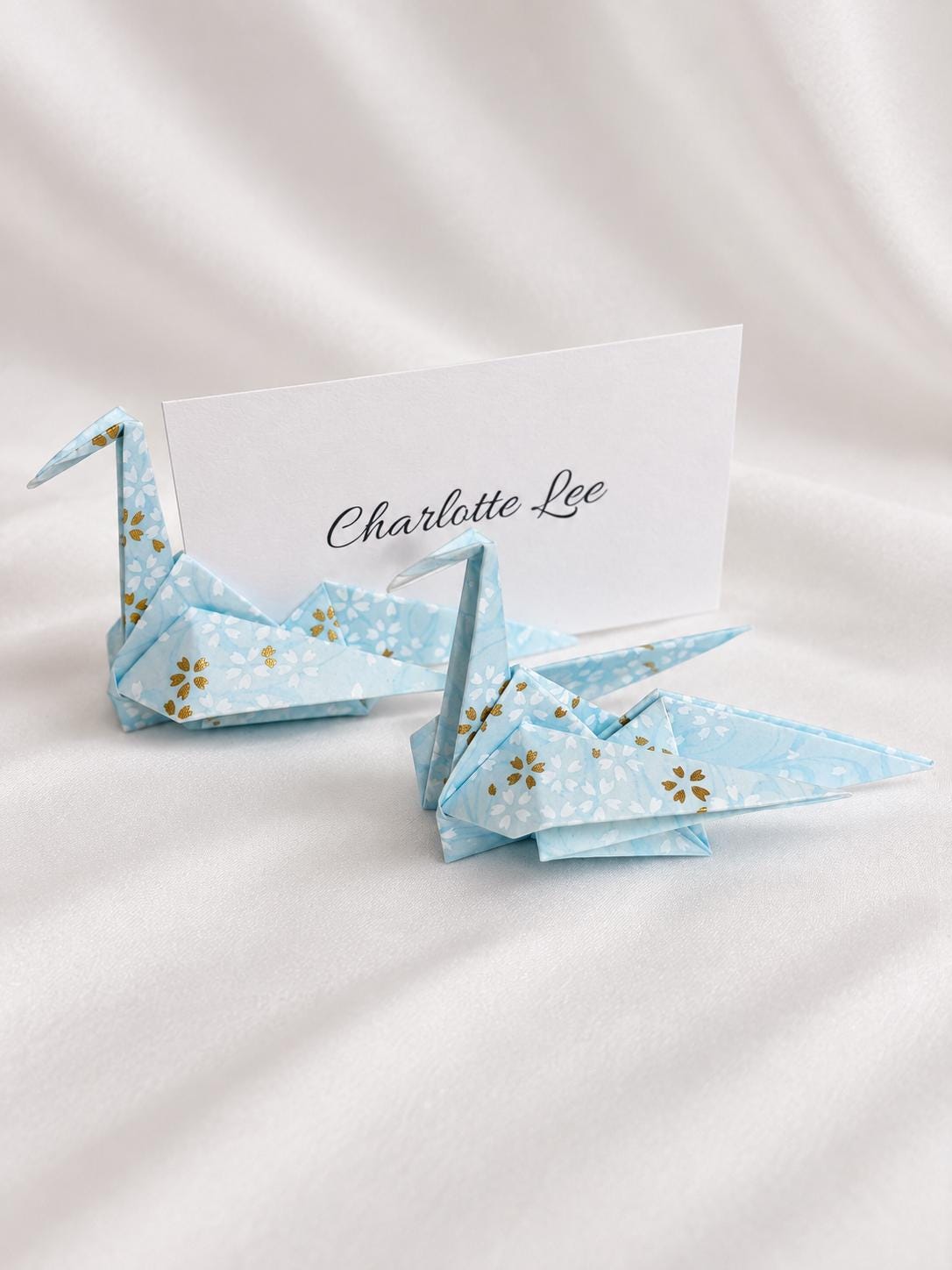 Powder blue washi origami crane place card holder