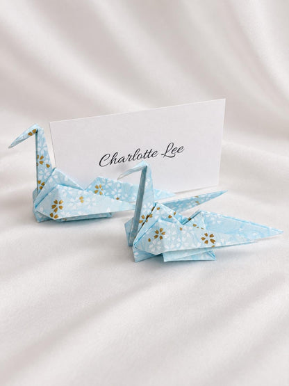 Powder blue washi origami crane place card holder
