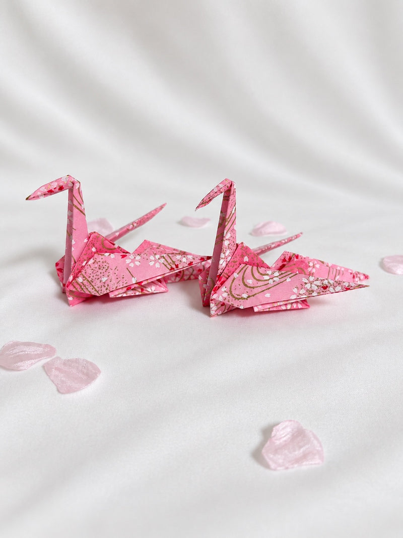 Rose pink washi origami crane place card holders, hand-folded in Japan